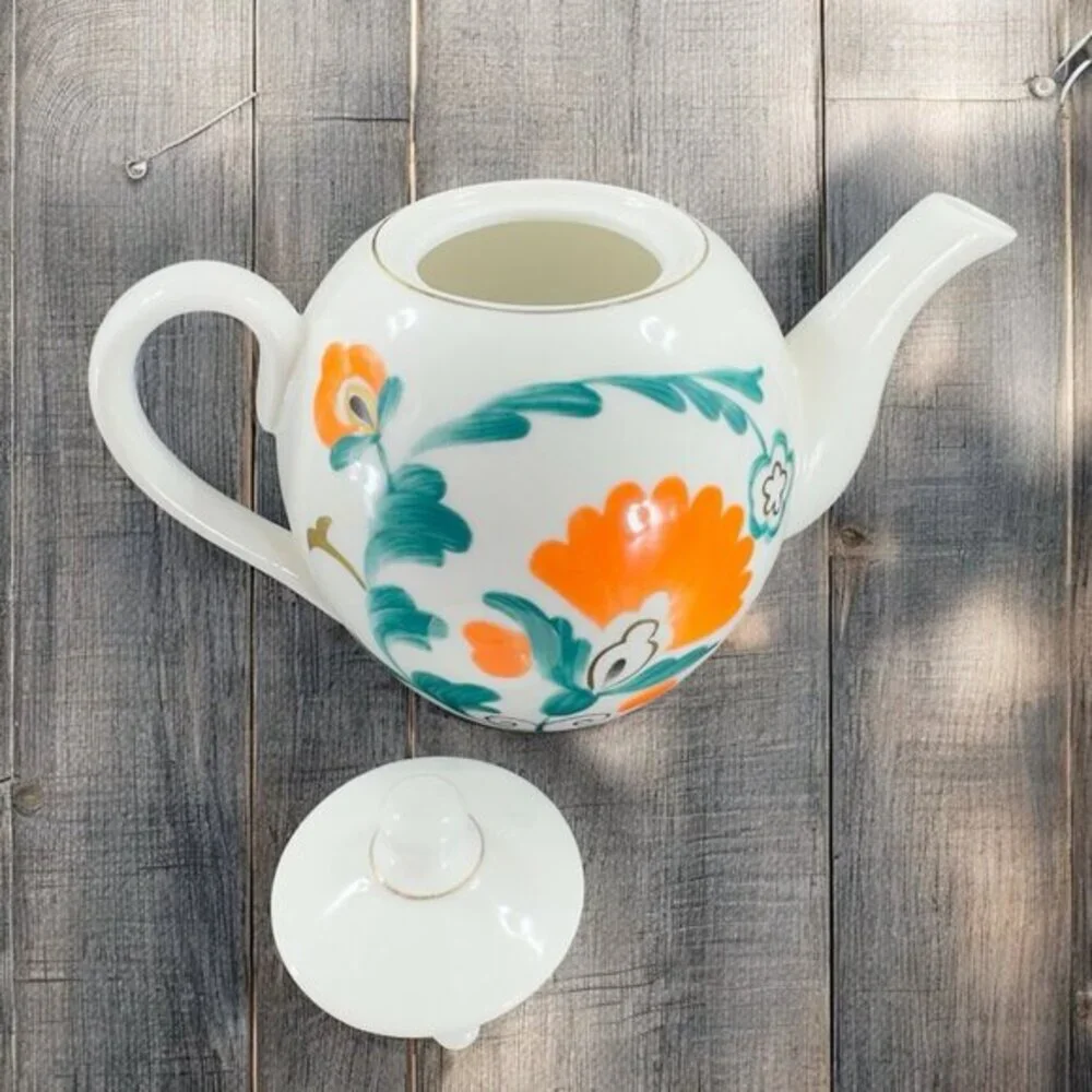 Anthropologie Stoneware‎ Ceramic Teapot Carafe Tea Pot With Green Orange Flowers